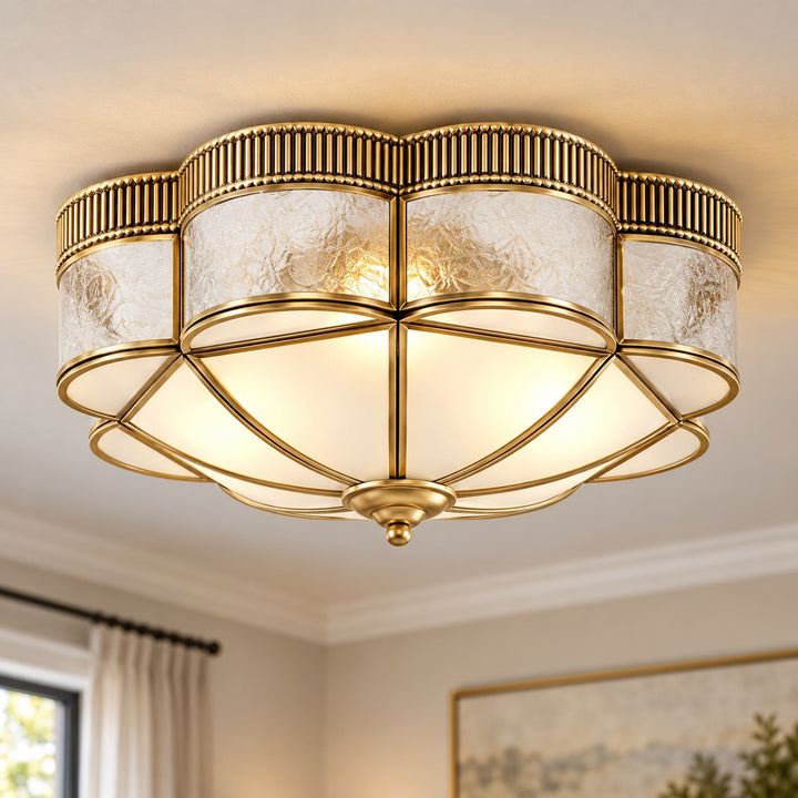 Modern Brass Flush Mount Ceiling Light with Curved Frosted Glass Shade and LED Compatibility