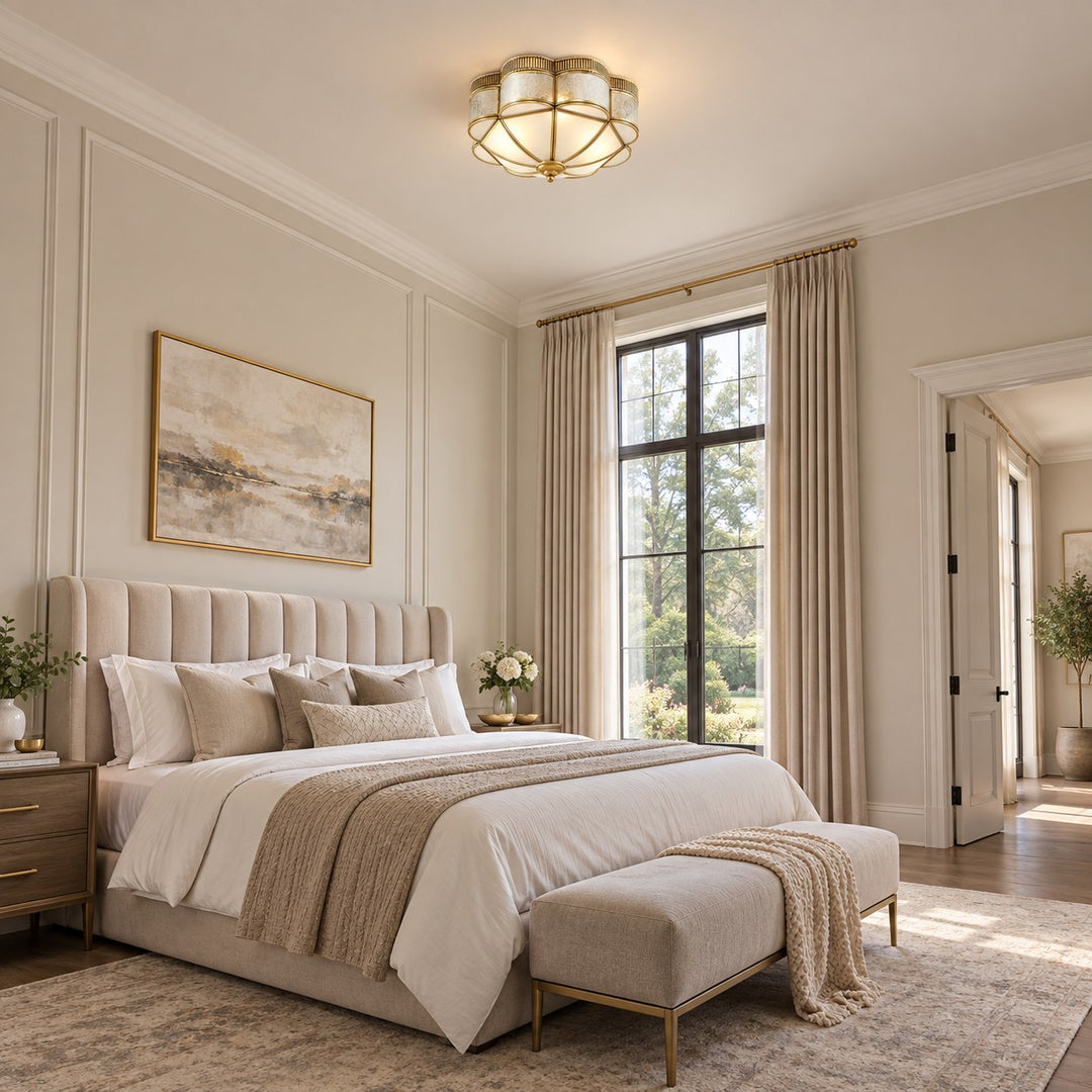 Modern Brass Flush Mount Ceiling Light with Curved Frosted Glass Shade and LED Compatibility