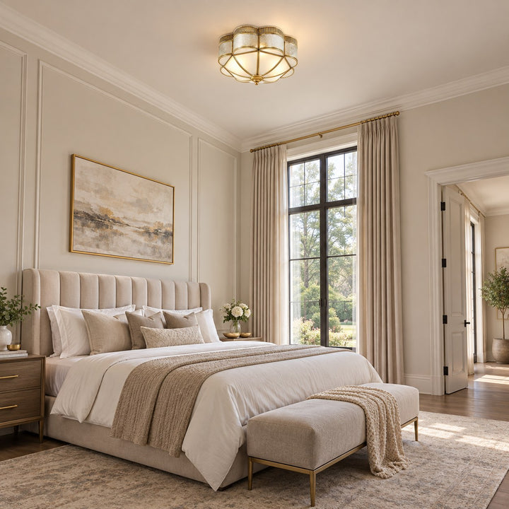 Modern Brass Flush Mount Ceiling Light with Curved Frosted Glass Shade and LED Compatibility