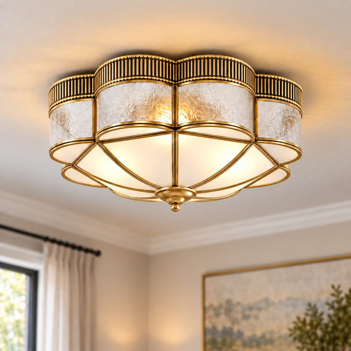 Modern Brass Flush Mount Ceiling Light with Curved Frosted Glass Shade and LED Compatibility