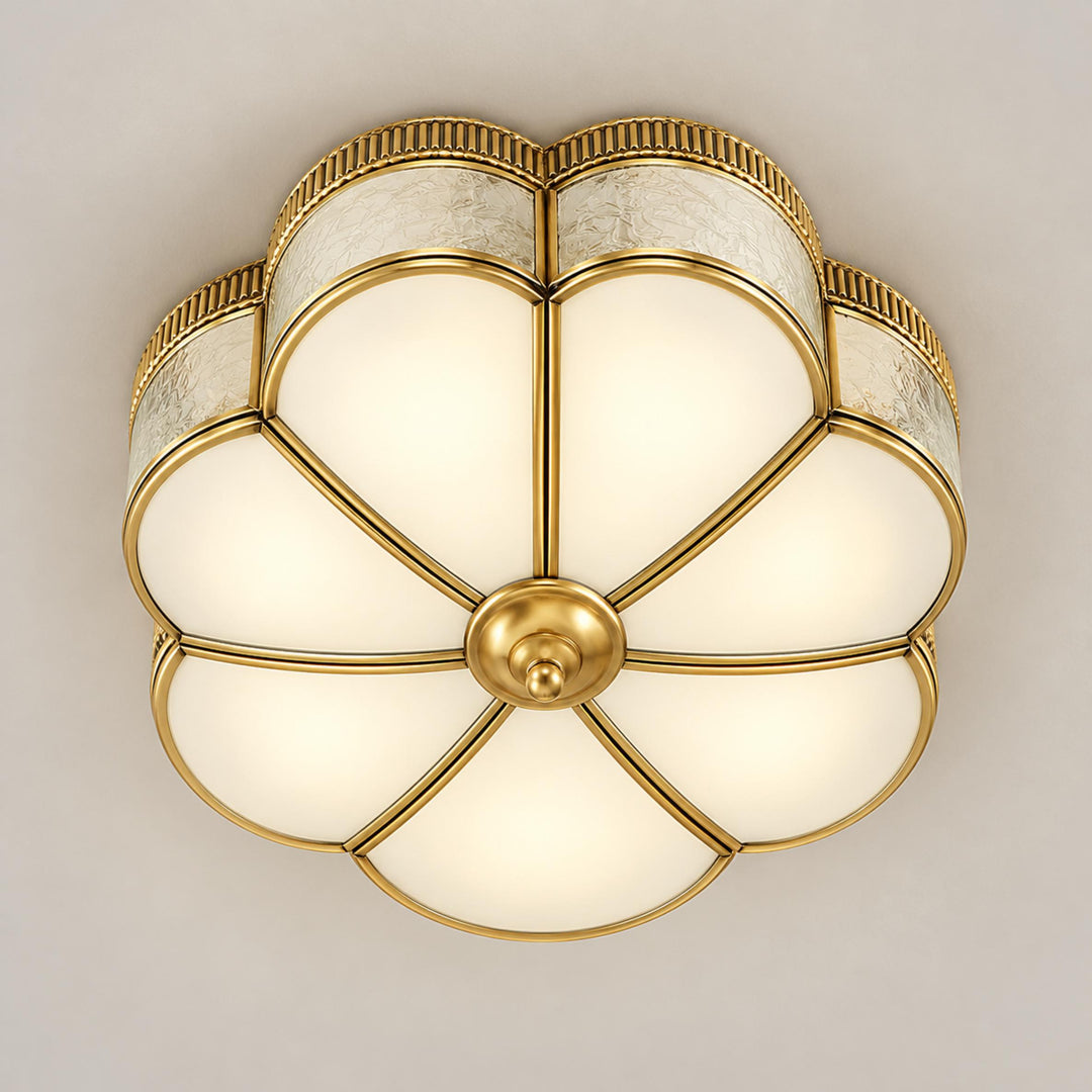 Modern Brass Flush Mount Ceiling Light with Curved Frosted Glass Shade and LED Compatibility