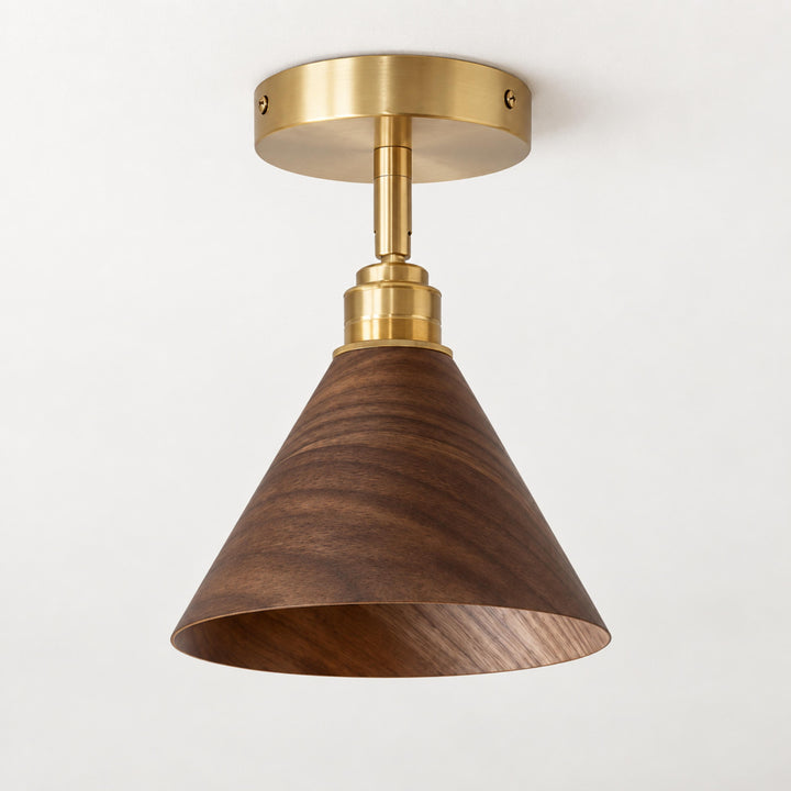Modern Semi-Flush Ceiling Light Walnut Wood Shade Brushed Brass LED Compatible Indoor Fixture
