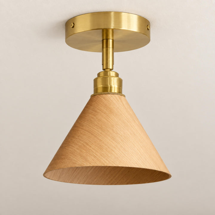Modern Semi-Flush Ceiling Light Walnut Wood Shade Brushed Brass LED Compatible Indoor Fixture