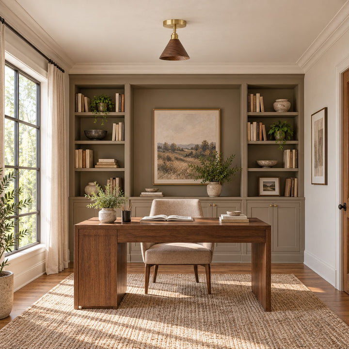 Modern Semi-Flush Ceiling Light Walnut Wood Shade Brushed Brass LED Compatible Indoor Fixture