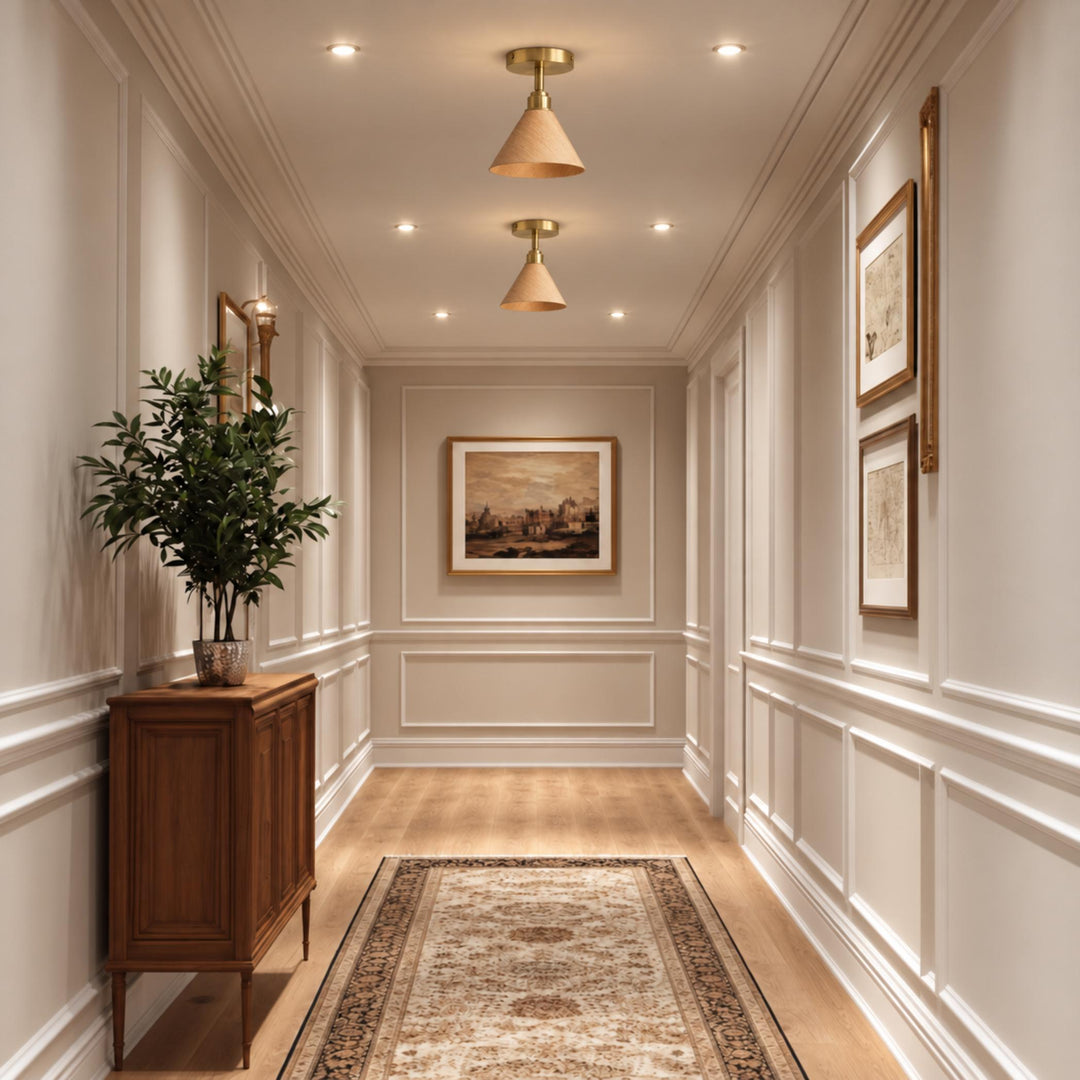 Modern Semi-Flush Ceiling Light Walnut Wood Shade Brushed Brass LED Compatible Indoor Fixture