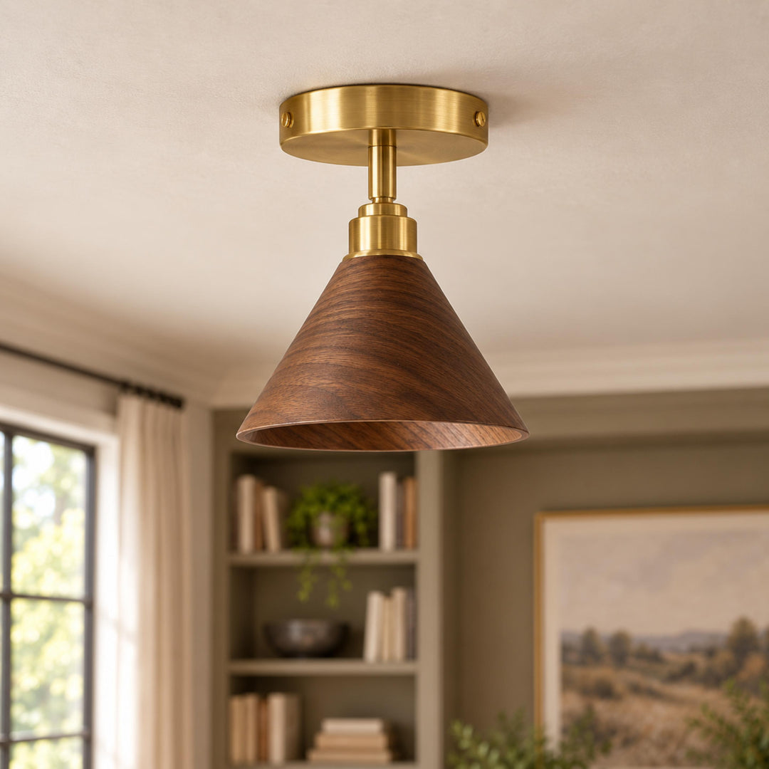 Modern Semi-Flush Ceiling Light Walnut Wood Shade Brushed Brass LED Compatible Indoor Fixture