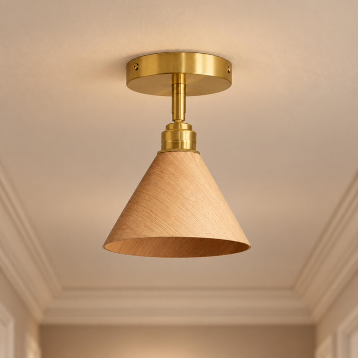 Modern Semi-Flush Ceiling Light Walnut Wood Shade Brushed Brass LED Compatible Indoor Fixture