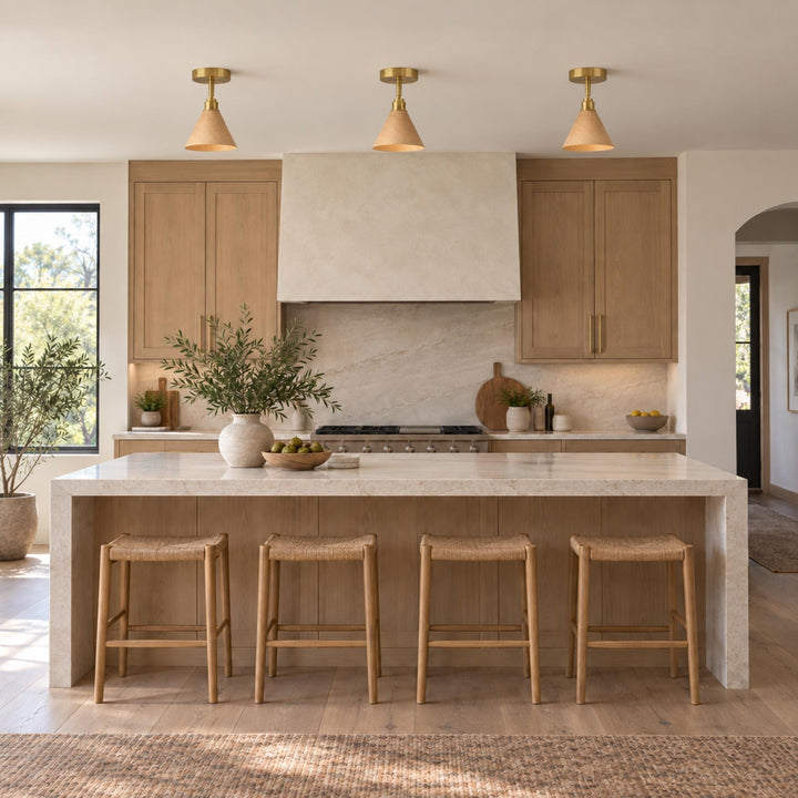 Modern Semi-Flush Ceiling Light Walnut Wood Shade Brushed Brass LED Compatible Indoor Fixture