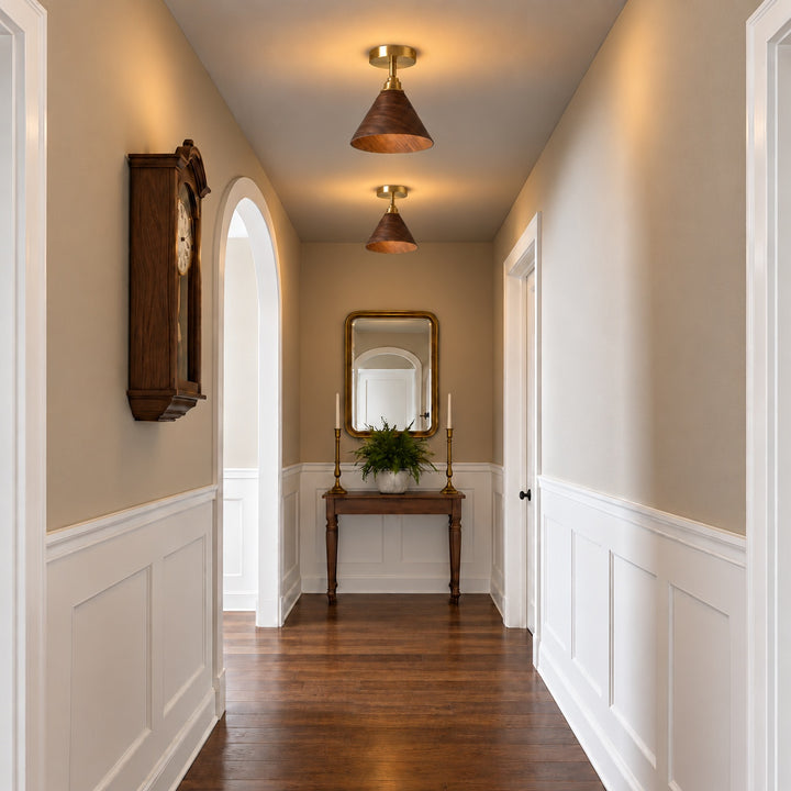 Modern Semi-Flush Ceiling Light Walnut Wood Shade Brushed Brass LED Compatible Indoor Fixture