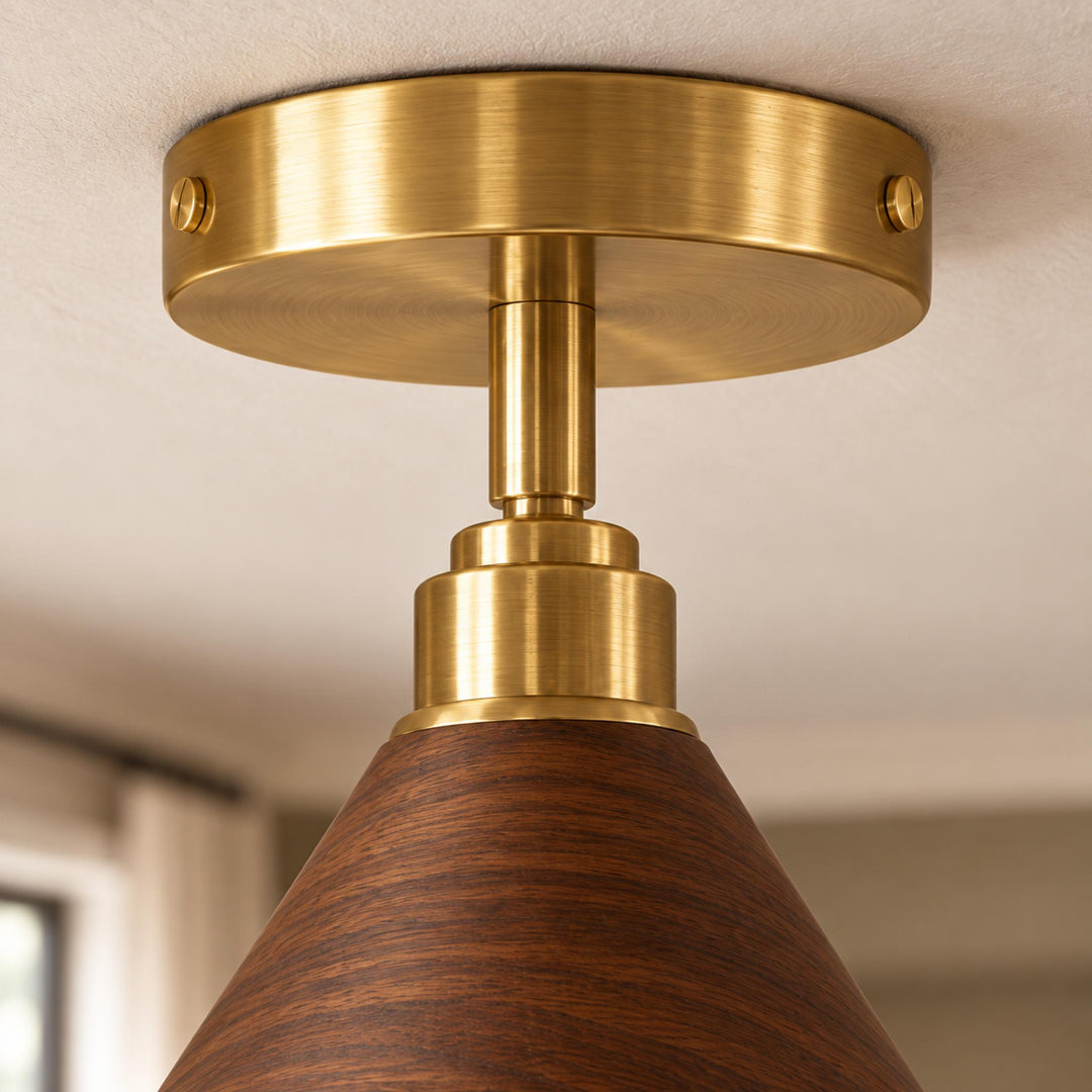 Modern Semi-Flush Ceiling Light Walnut Wood Shade Brushed Brass LED Compatible Indoor Fixture