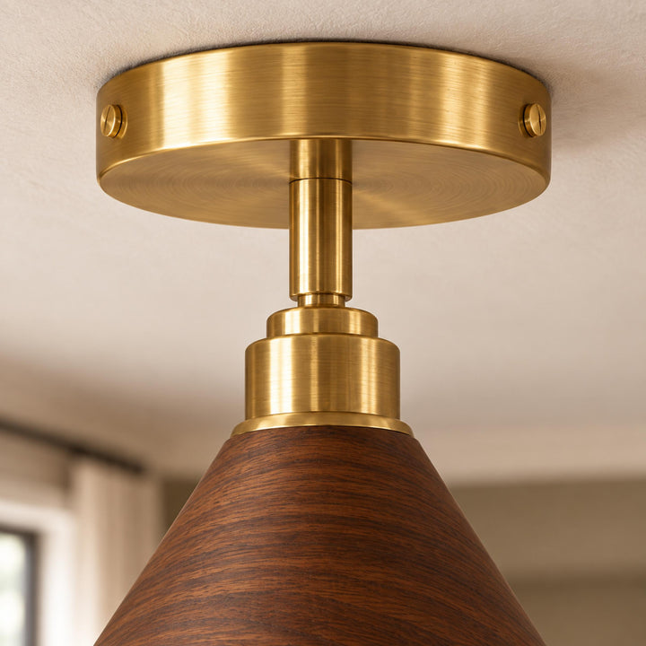 Modern Semi-Flush Ceiling Light Walnut Wood Shade Brushed Brass LED Compatible Indoor Fixture