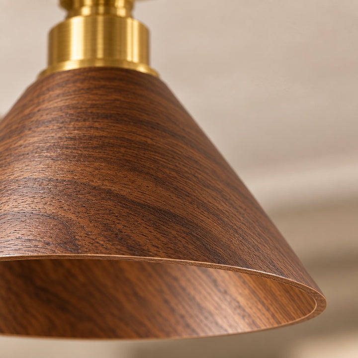Modern Semi-Flush Ceiling Light Walnut Wood Shade Brushed Brass LED Compatible Indoor Fixture