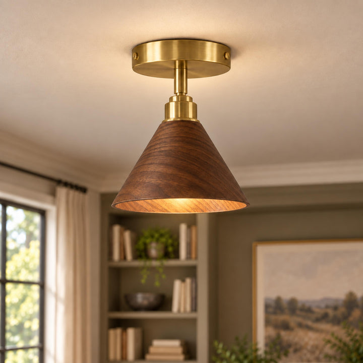 Modern Semi-Flush Ceiling Light Walnut Wood Shade Brushed Brass LED Compatible Indoor Fixture