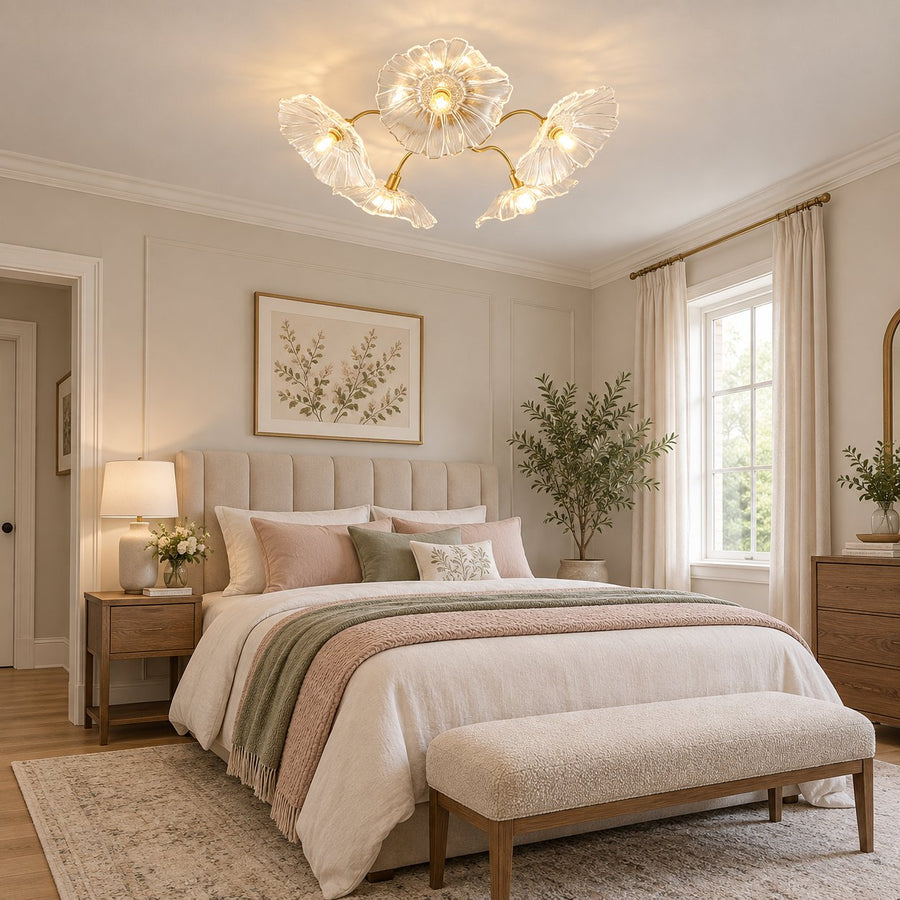 Modern Lotus Flush Mount Ceiling Light Glass Shade LED Design in the bedroom