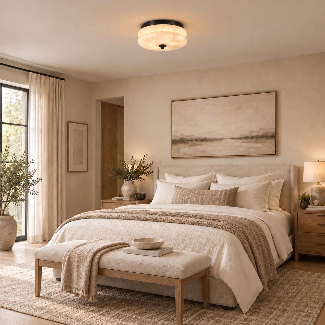 Modern Flush Mount Ceiling Light with Alabaster Glass Shade and LED Feature 12 Inch Diameter