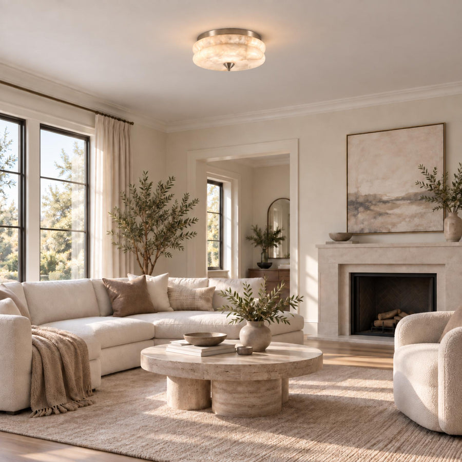 Modern Flush Mount Ceiling Light with Alabaster Glass Shade and LED Feature in the living room