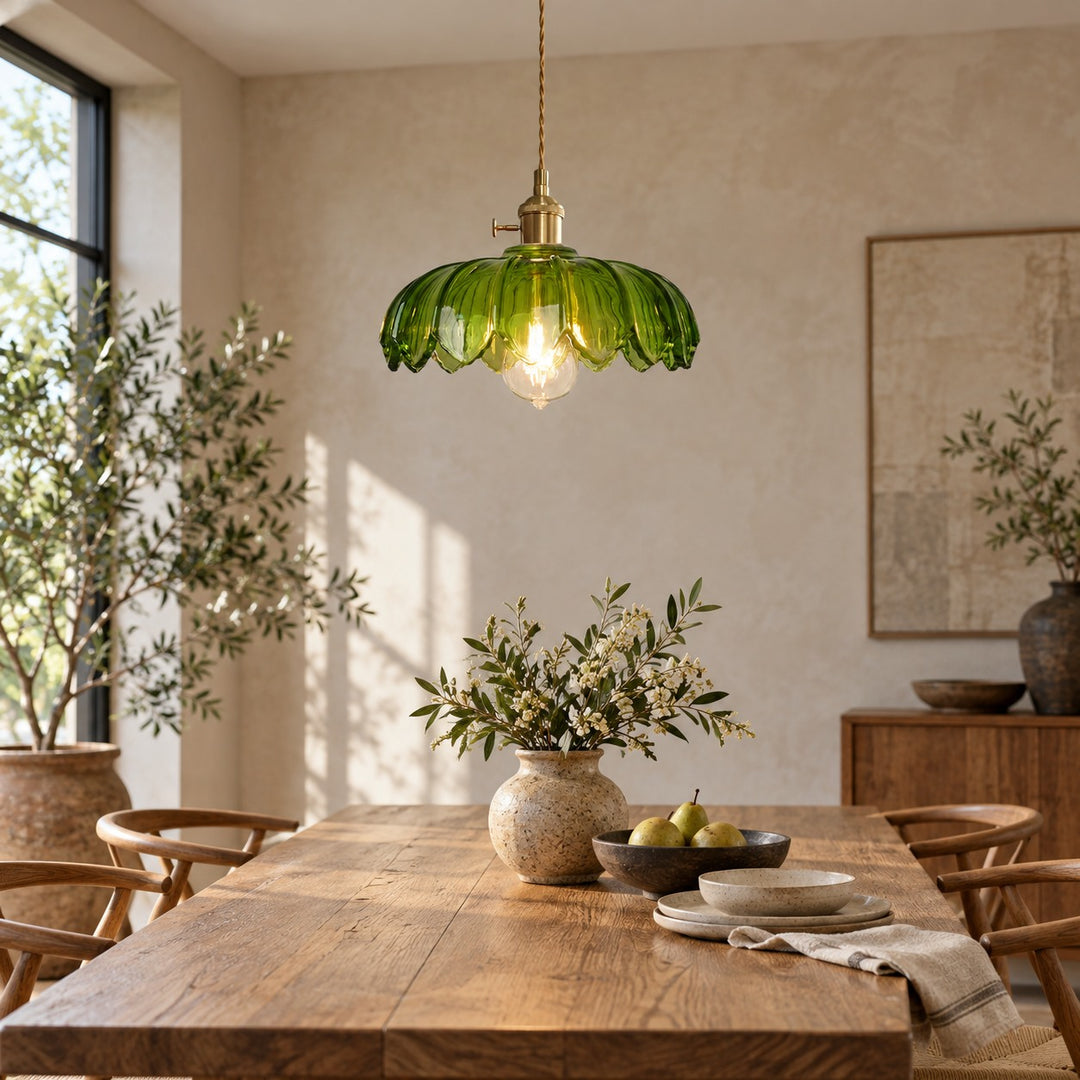 Modern Pendant Lamp Hanging Brass Structure with Amber Glass Shade for Warm Kitchen Lighting