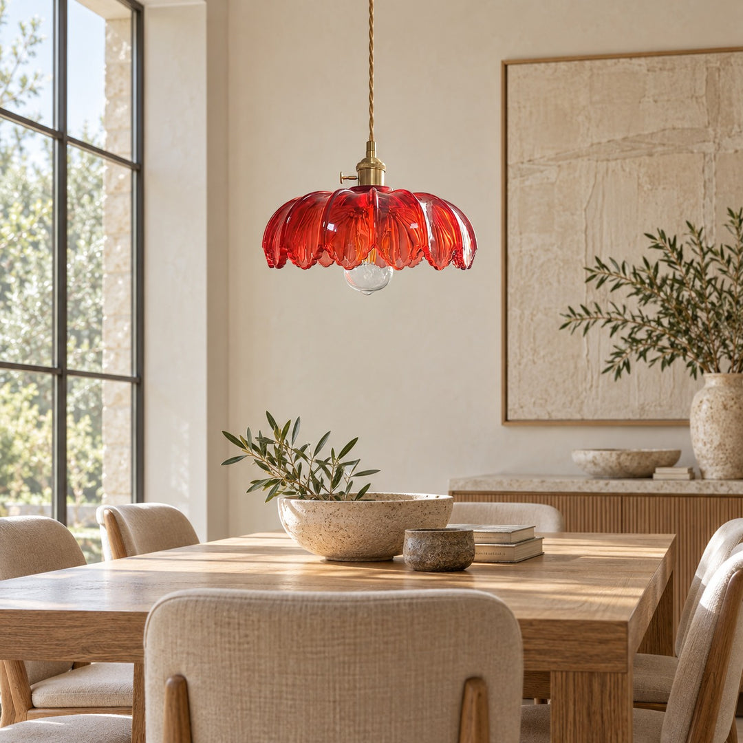 Modern Pendant Lamp Hanging Brass Structure with Amber Glass Shade for Warm Kitchen Lighting