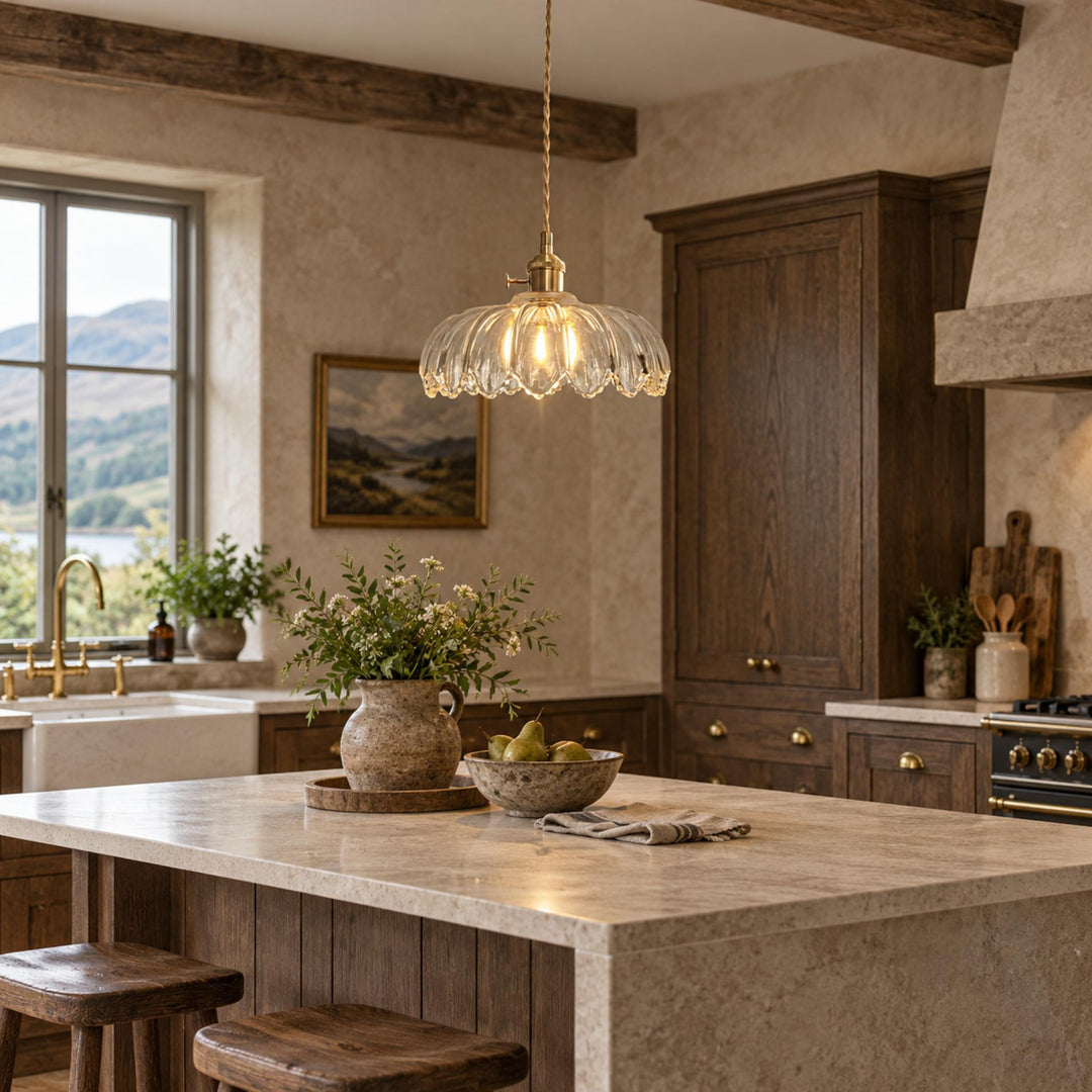 Modern Pendant Lamp Hanging Brass Structure with Amber Glass Shade for Warm Kitchen Lighting
