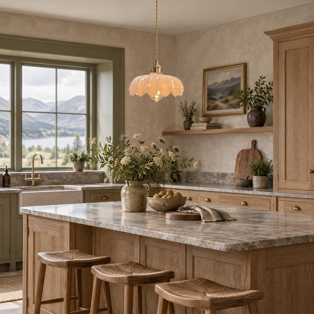 Modern Pendant Lamp Hanging Brass Structure with Amber Glass Shade for Warm Kitchen Lighting