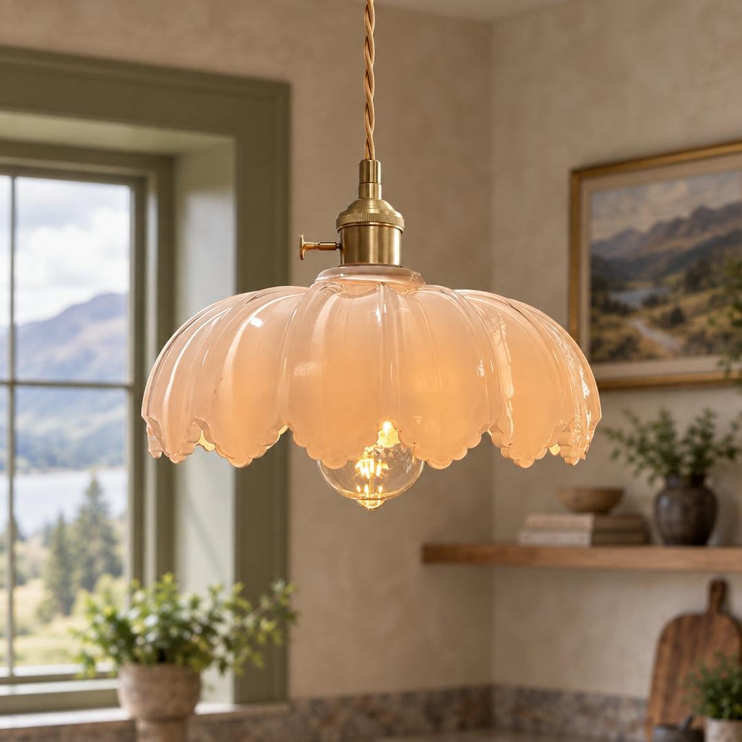 Modern Pendant Lamp Hanging Brass Structure with Amber Glass Shade for Warm Kitchen Lighting