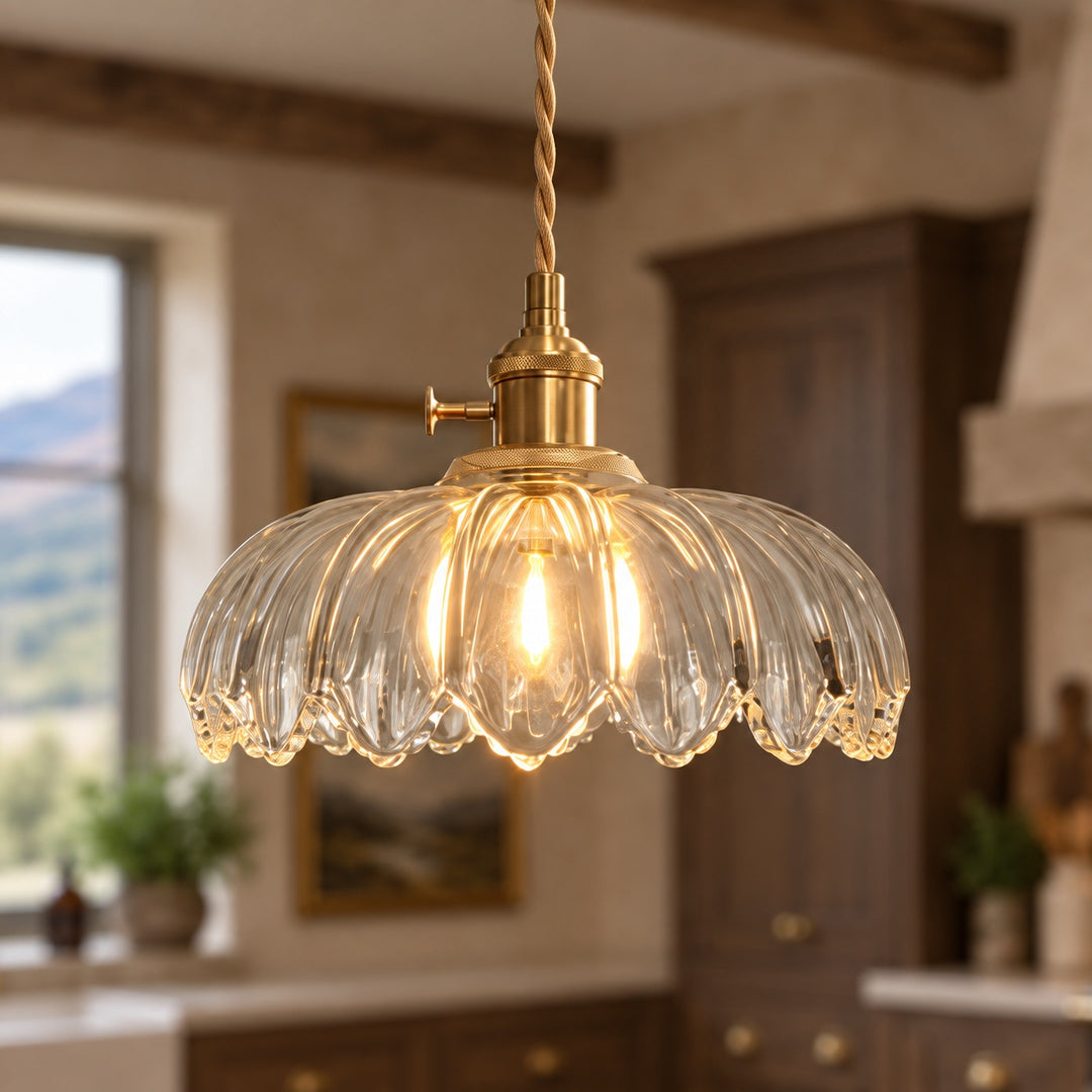 Modern Pendant Lamp Hanging Brass Structure with Amber Glass Shade for Warm Kitchen Lighting
