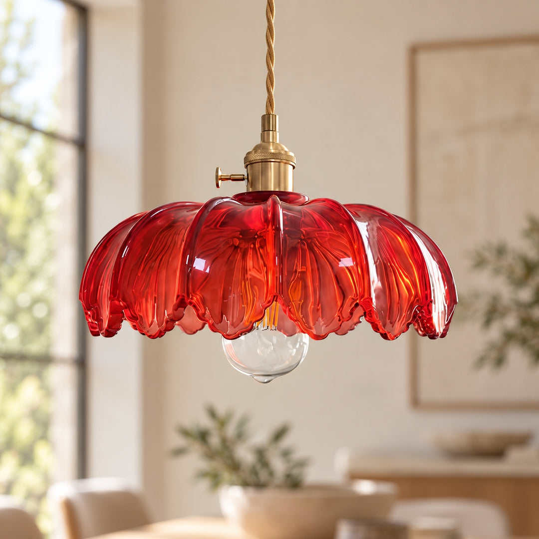 Modern Pendant Lamp Hanging Brass Structure with Amber Glass Shade for Warm Kitchen Lighting