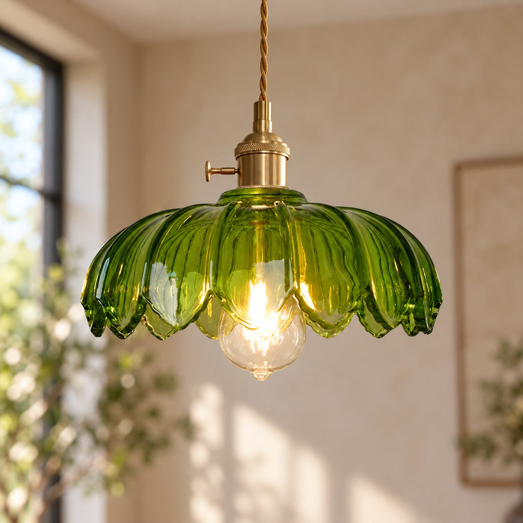 Modern Pendant Lamp Hanging Brass Structure with Amber Glass Shade for Warm Kitchen Lighting
