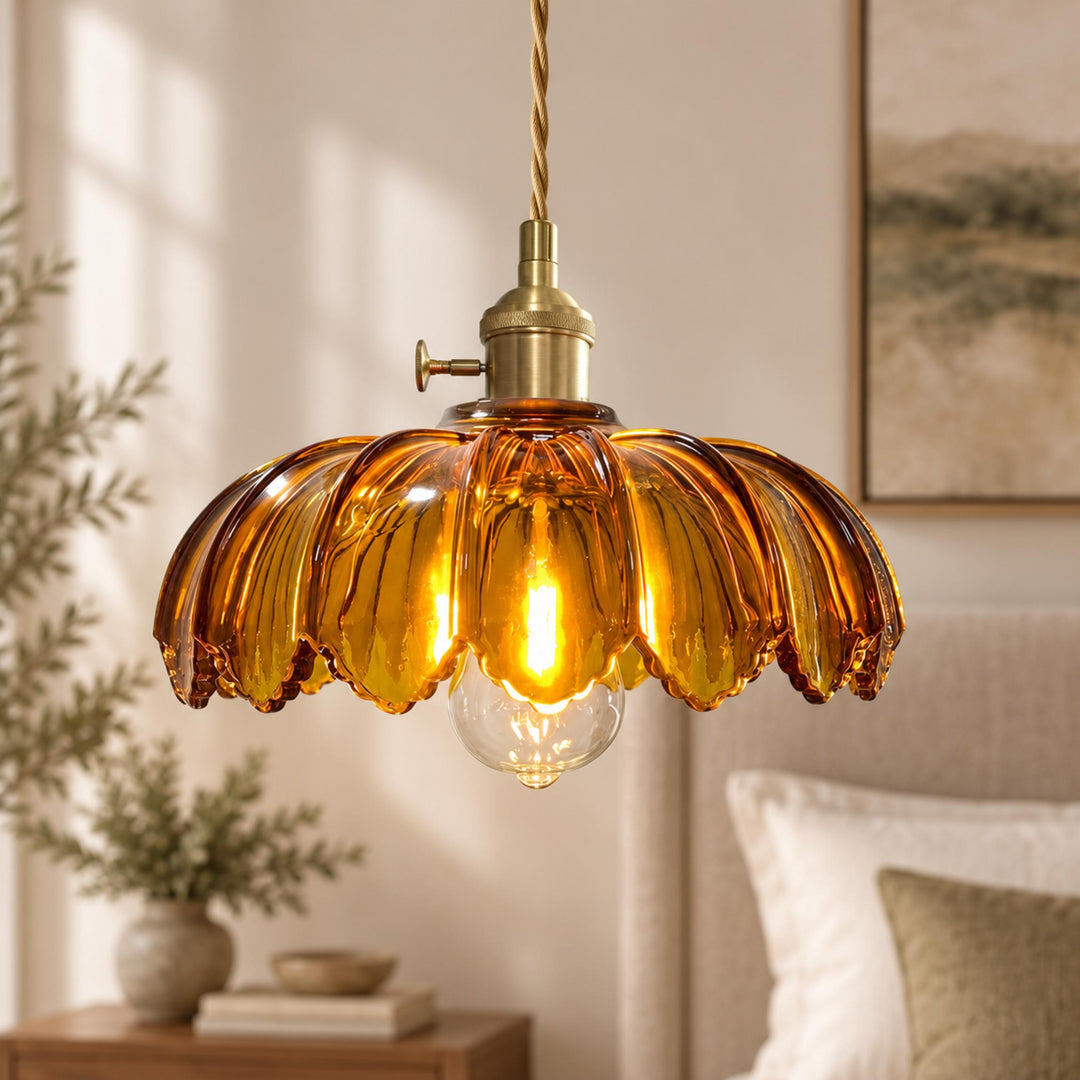 Modern Pendant Lamp Hanging Brass Structure with Amber Glass Shade for Warm Kitchen Lighting
