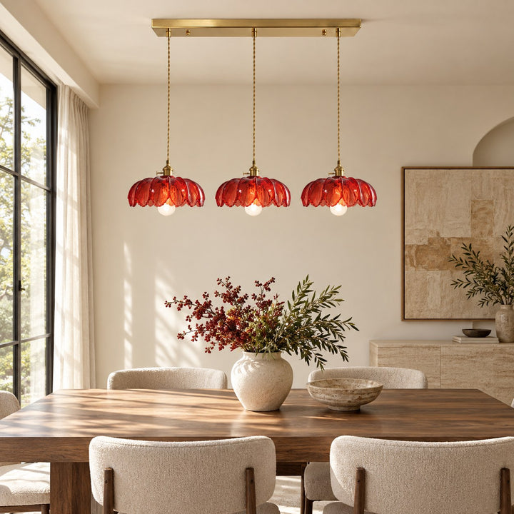 Modern Pendant Lamp Hanging Brass Structure with Amber Glass Shade for Warm Kitchen Lighting