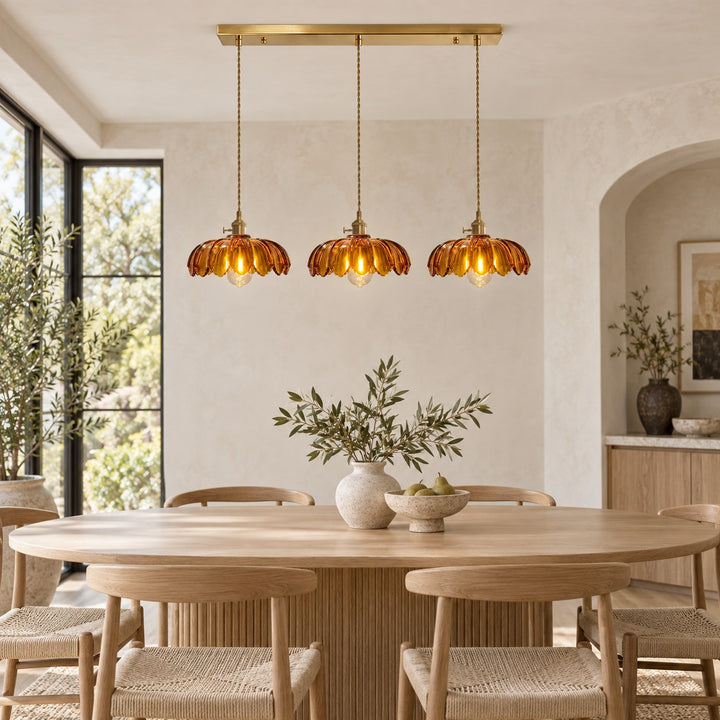 Modern Pendant Lamp Hanging Brass Structure with Amber Glass Shade for Warm Kitchen Lighting