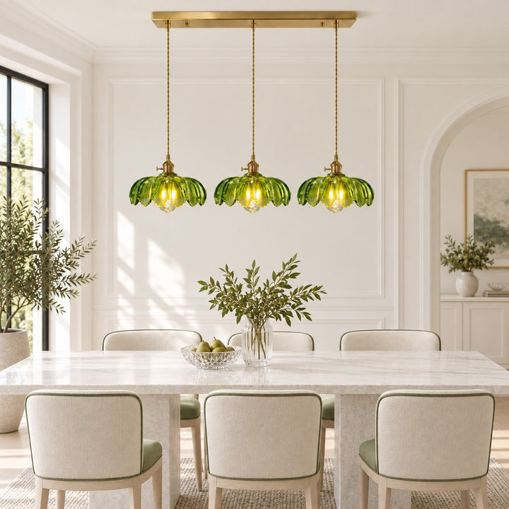 Modern Pendant Lamp Hanging Brass Structure with Amber Glass Shade for Warm Kitchen Lighting