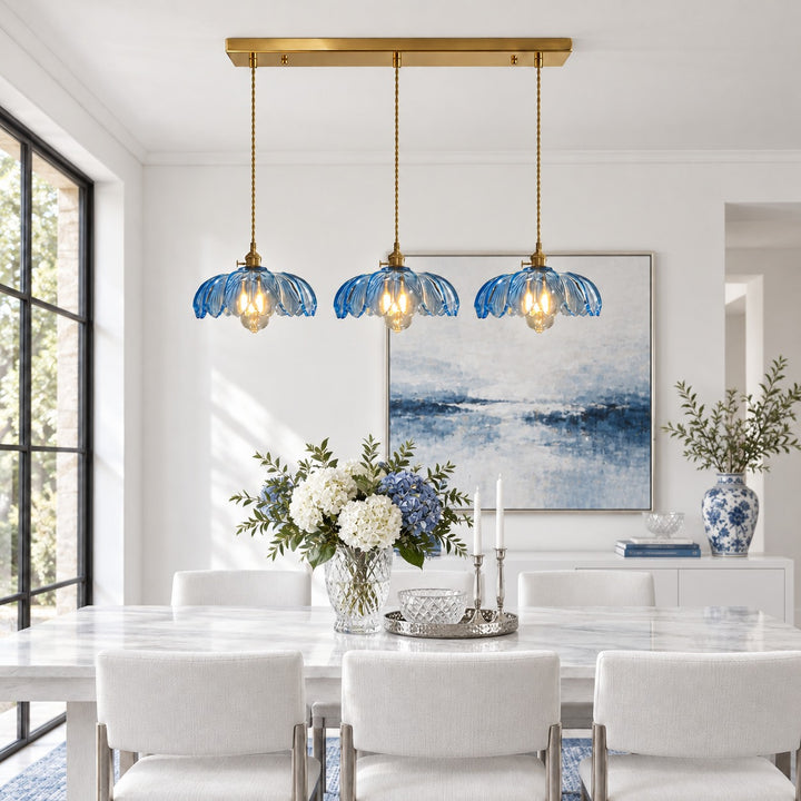 Modern Pendant Lamp Hanging Brass Structure with Amber Glass Shade for Warm Kitchen Lighting