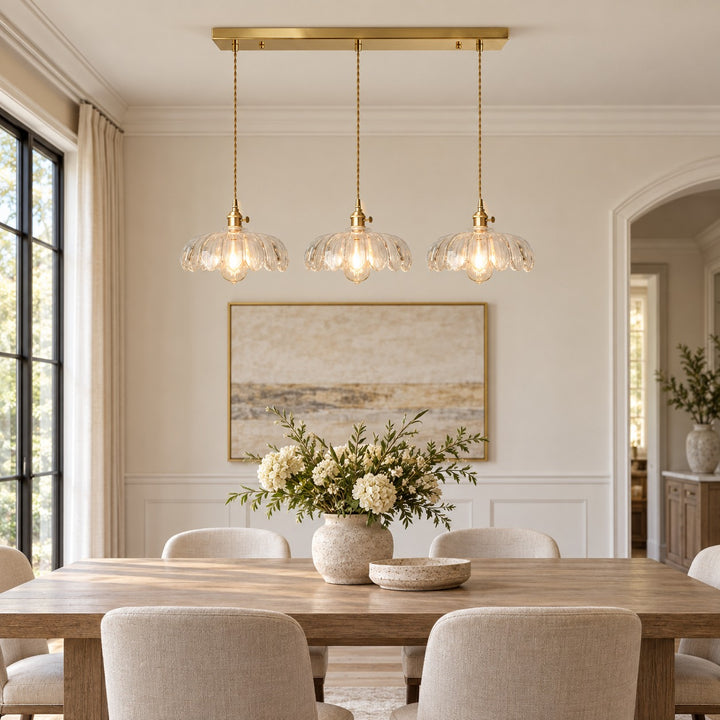 Modern Pendant Lamp Hanging Brass Structure with Amber Glass Shade for Warm Kitchen Lighting