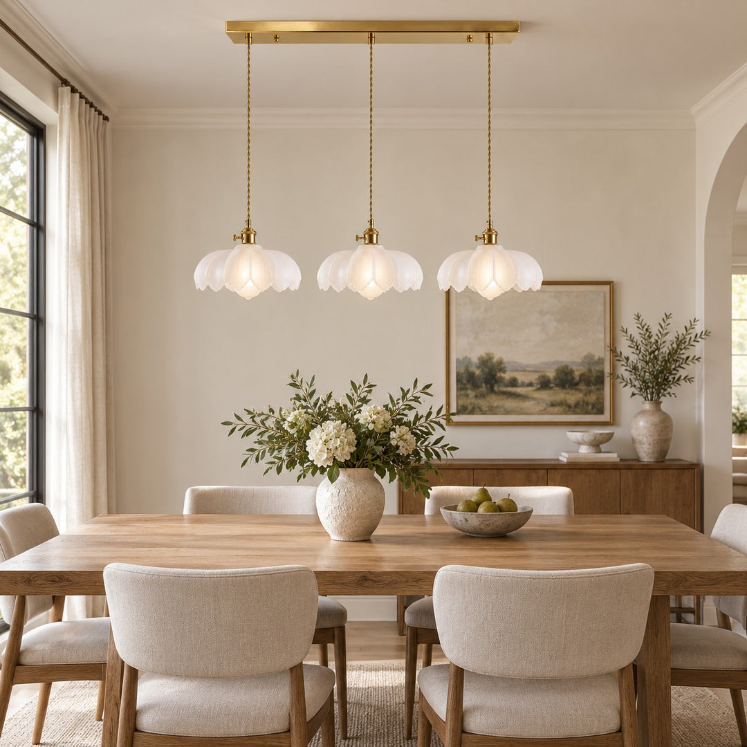 Modern Pendant Lamp Hanging Brass Structure with Amber Glass Shade for Warm Kitchen Lighting