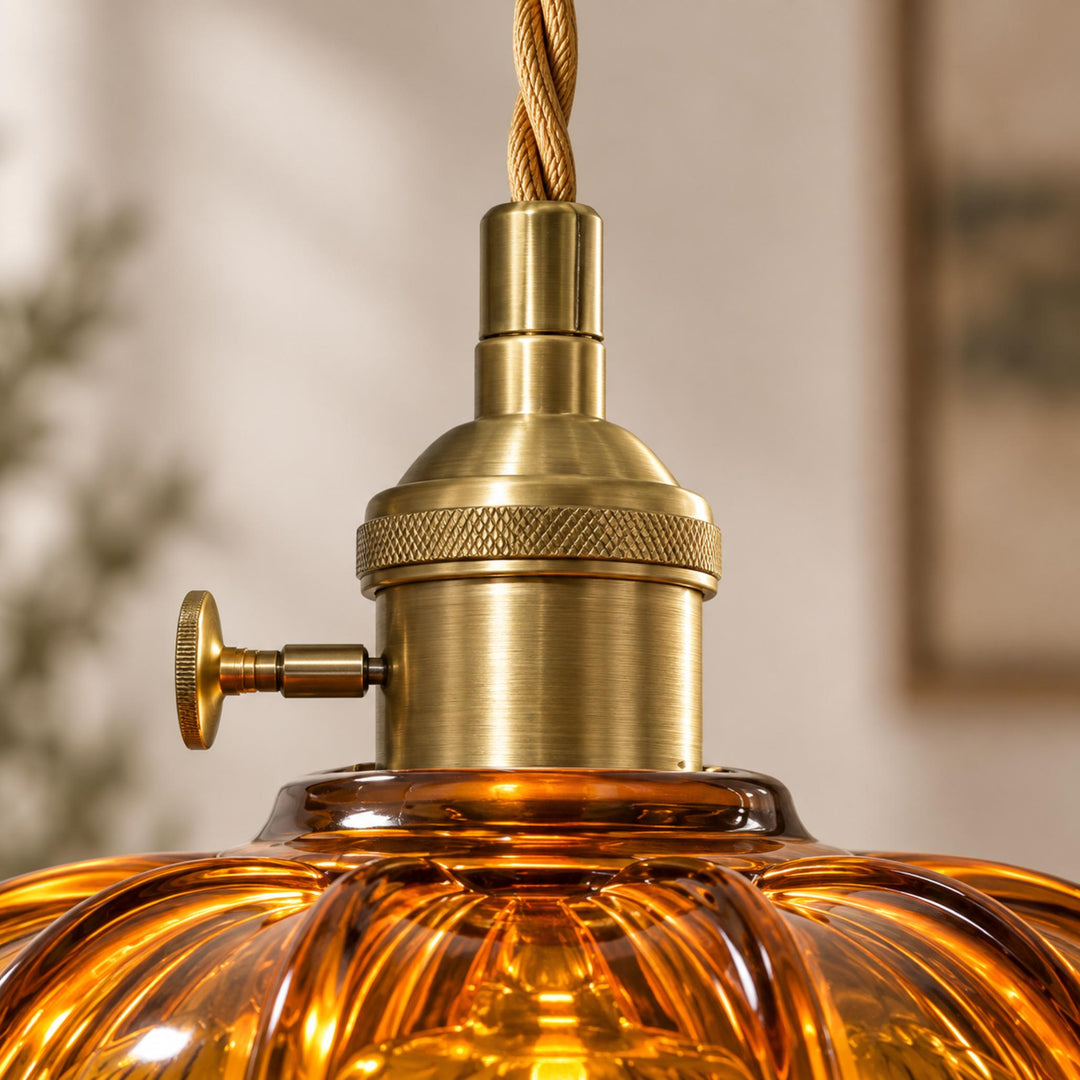 Modern Pendant Lamp Hanging Brass Structure with Amber Glass Shade for Warm Kitchen Lighting