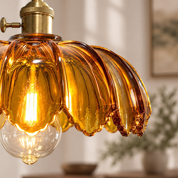 Modern Pendant Lamp Hanging Brass Structure with Amber Glass Shade for Warm Kitchen Lighting