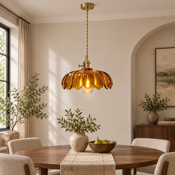 Modern Pendant Lamp Hanging Brass Structure with Amber Glass Shade for Warm Kitchen Lighting