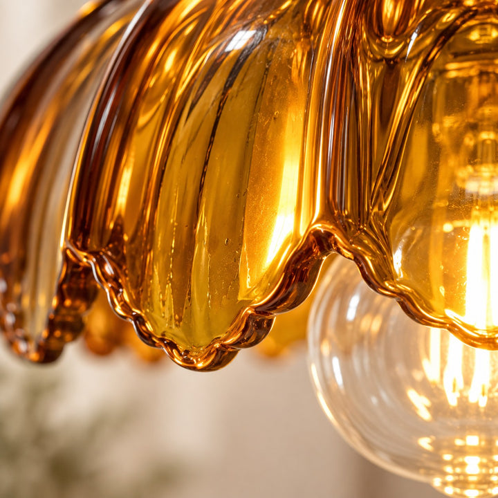 Modern Pendant Lamp Hanging Brass Structure with Amber Glass Shade for Warm Kitchen Lighting