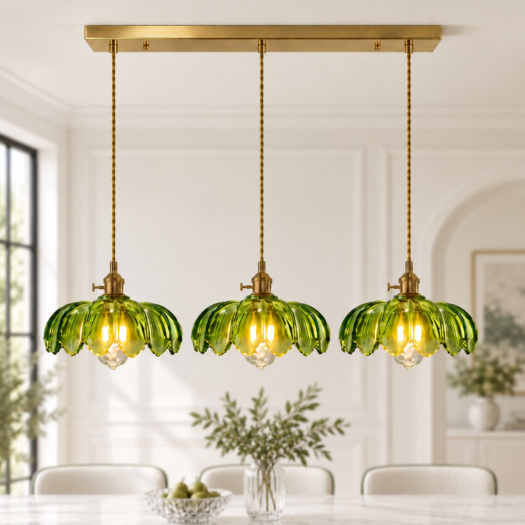 Modern Pendant Lamp Hanging Brass Structure with Amber Glass Shade for Warm Kitchen Lighting