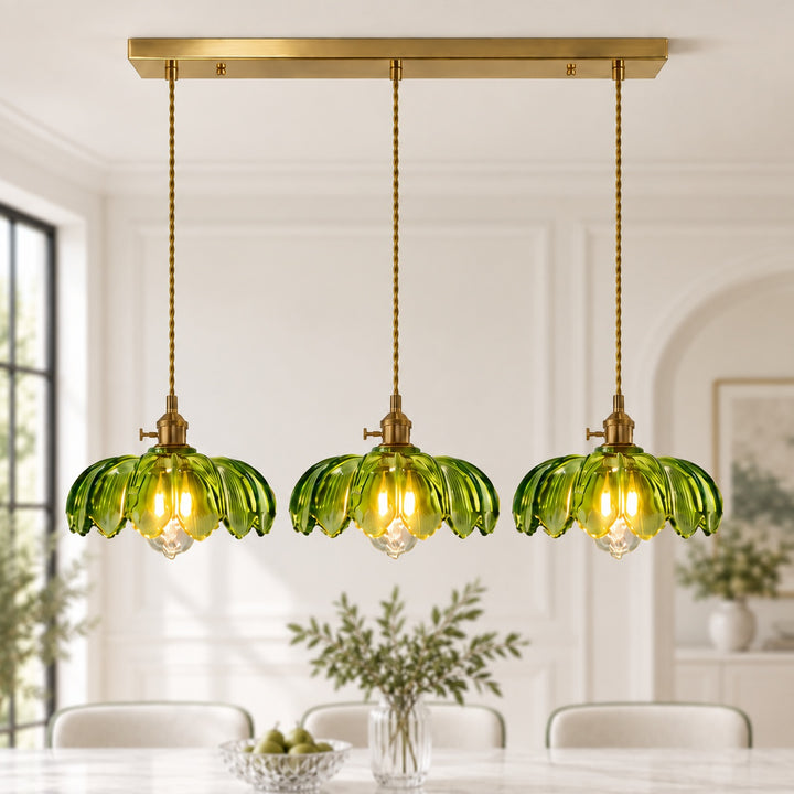 Modern Pendant Lamp Hanging Brass Structure with Amber Glass Shade for Warm Kitchen Lighting