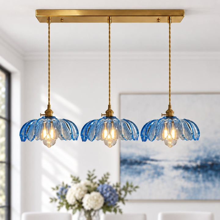 Modern Pendant Lamp Hanging Brass Structure with Amber Glass Shade for Warm Kitchen Lighting