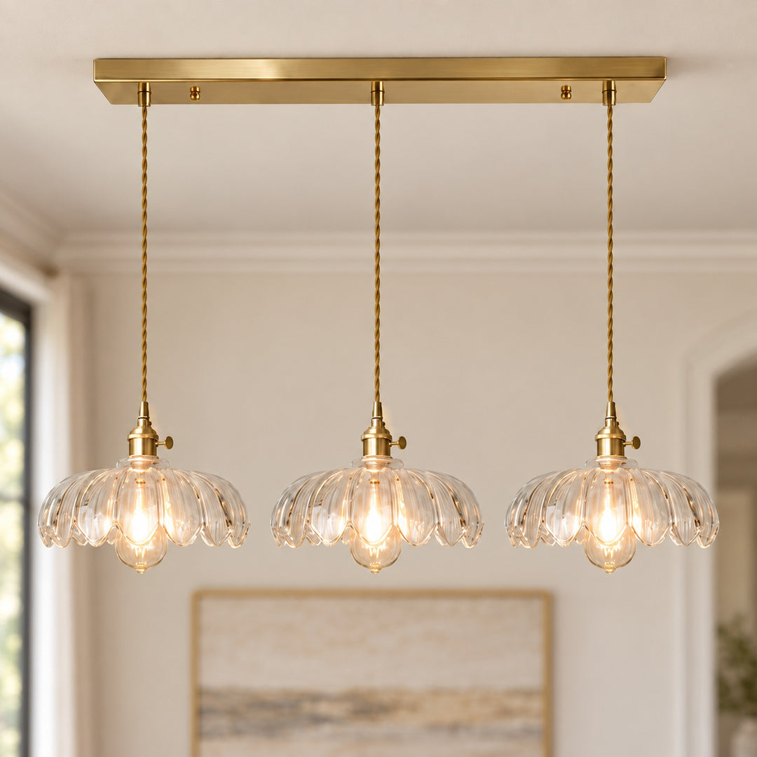 Modern Pendant Lamp Hanging Brass Structure with Amber Glass Shade for Warm Kitchen Lighting