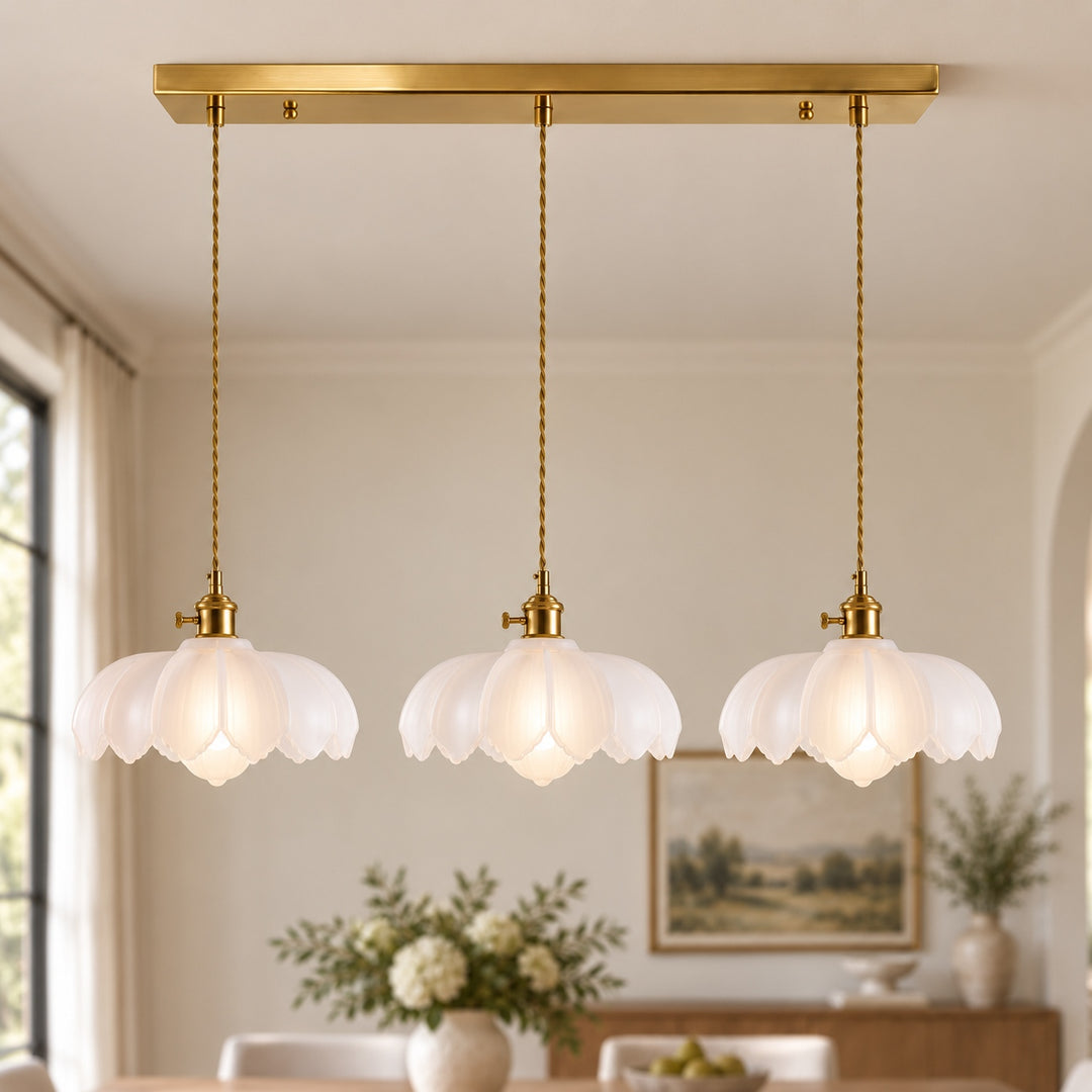 Modern Pendant Lamp Hanging Brass Structure with Amber Glass Shade for Warm Kitchen Lighting