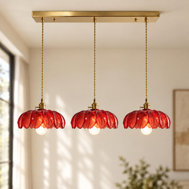 Modern Pendant Lamp Hanging Brass Structure with Amber Glass Shade for Warm Kitchen Lighting