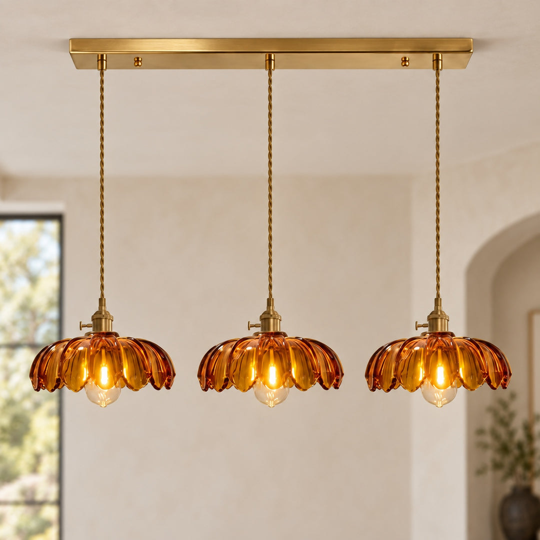 Modern Pendant Lamp Hanging Brass Structure with Amber Glass Shade for Warm Kitchen Lighting