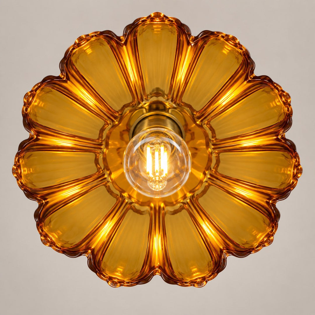 Modern Pendant Lamp Hanging Brass Structure with Amber Glass Shade for Warm Kitchen Lighting