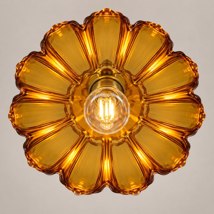 Modern Pendant Lamp Hanging Brass Structure with Amber Glass Shade for Warm Kitchen Lighting