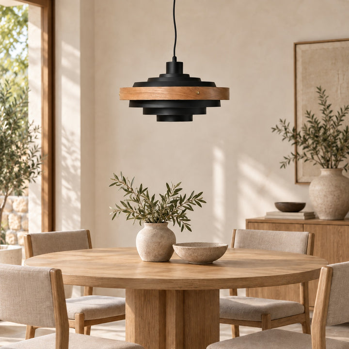 Modern Adjustable Height Pendant Light in Metal and Wood for Kitchen Pendant Lighting