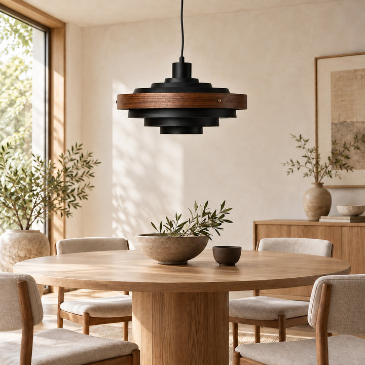 Modern Adjustable Height Pendant Light in Metal and Wood for Kitchen Pendant Lighting
